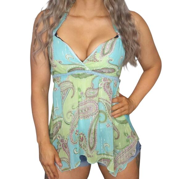Vintage Y2k Halter Top Small 2000s Paisley Green Blue Lace Chiffon Fairycore - Picture 1 of 15
